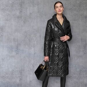 New Karl Lagerfeld Houndstooth Quilted Tie Belt Double Breasted Trench Coat